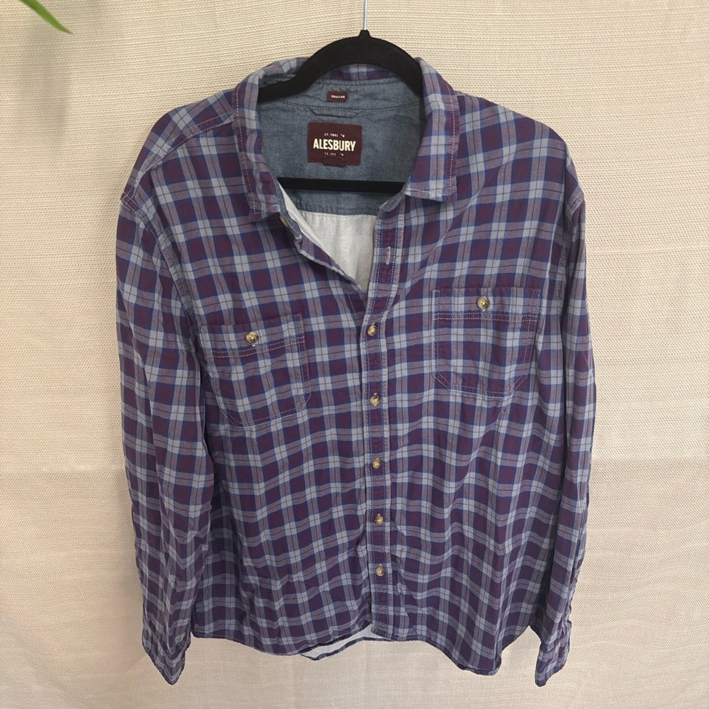Purple and Navy Plaid Casual Button Down Shirt